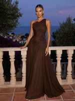 Chiffon A-Line One Shoulder Maxi Formal Dresses with 3D Flowers