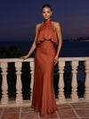 Satin Mermaid High Neck Maxi Formal Dresses with Ruffled Overlay Bodice