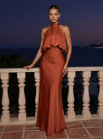 Satin Mermaid High Neck Maxi Formal Dresses with Ruffled Overlay Bodice