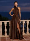 Satin A-Line High Neck Maxi Formal Dresses with 3D Flowers