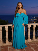 Chiffon A-Line Off Shoulder Maxi Formal Dresses with Ruffles