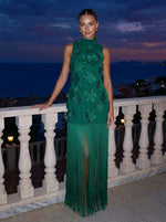 Jersey Sheath High Neck Maxi Formal Dresses with Fringe