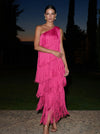Chiffon Sheath One Shoulder Maxi Formal Dresses with Fringe