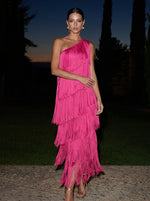 Chiffon Sheath One Shoulder Maxi Formal Dresses with Fringe