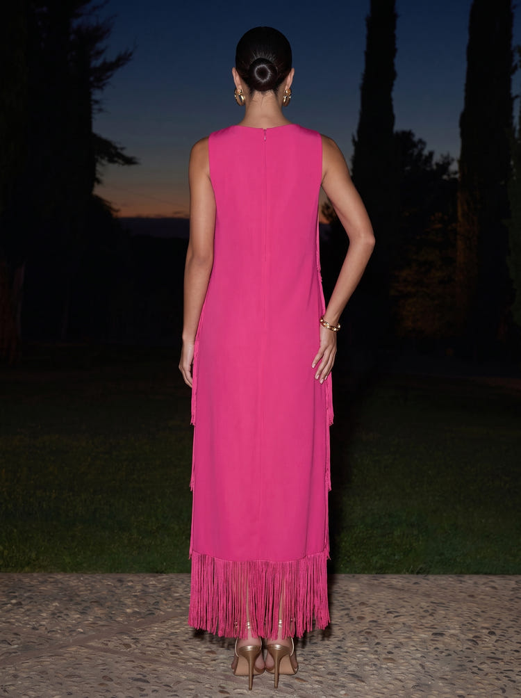 Chiffon Sheath One Shoulder Maxi Formal Dresses with Fringe