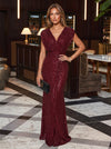 Sequin Mermaid V Neck Maxi Formal Dresses with Pleated