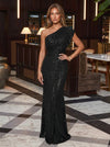 Sequin Mermaid One Shoulder Maxi Formal Dresses with Pleated