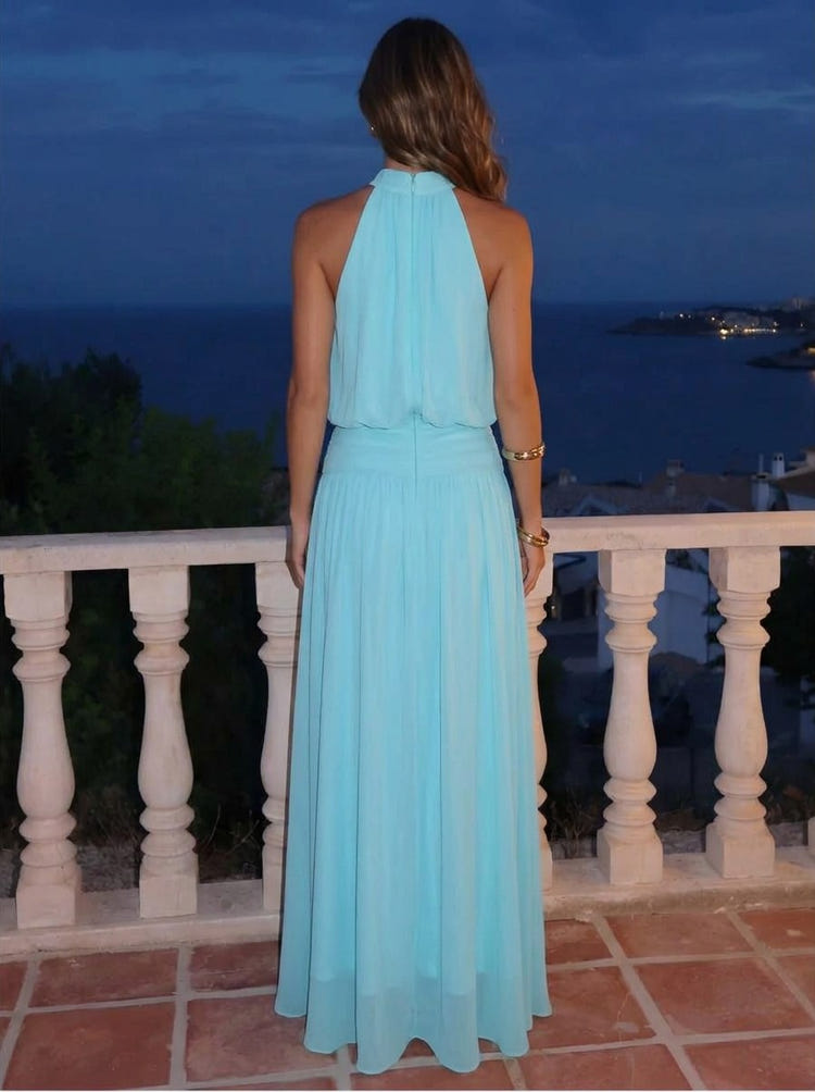 Chiffon A-Line High Neck Maxi Formal Dresses with Ruched Wide Waistband
