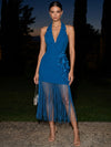 Jersey Sheath Stand Collar Midi Formal Dresses with 3D Flowers