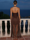 Sparkle Stretch Fabric Sheath Halter Midi Formal Dresses with Corset Bodice