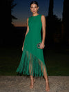 Jersey Sheath Crew Neck Midi Formal Dresses with Fringes