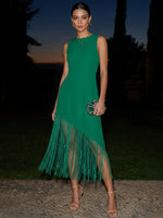 Jersey Sheath Crew Neck Midi Formal Dresses with Fringes