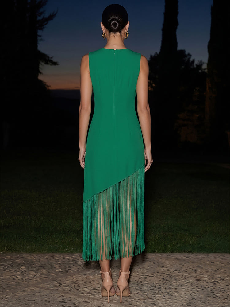 Jersey Sheath Crew Neck Midi Formal Dresses with Fringes