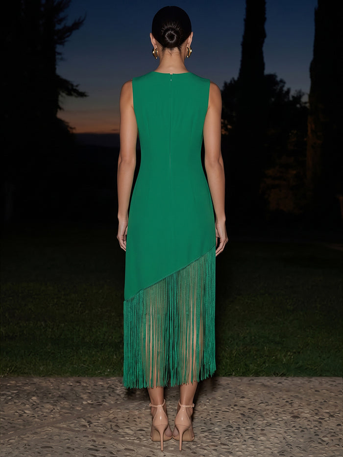 Jersey Sheath Crew Neck Midi Formal Dresses with Fringes