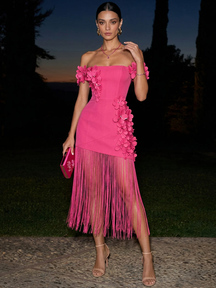 Jersey Sheath Off Shoulder Midi Formal Dresses with 3D Flowers