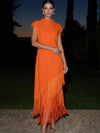 Jersey Sheath High Neck Maxi Formal Dresses with Fringes