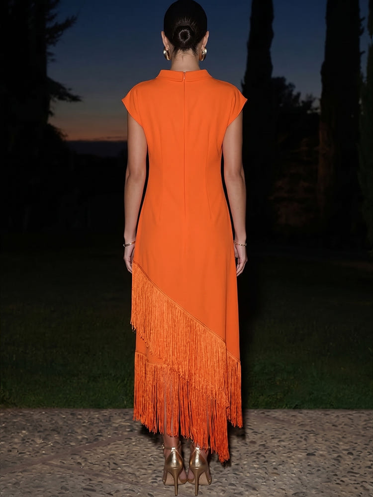 Jersey Sheath High Neck Maxi Formal Dresses with Fringes