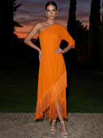 Jersey Sheath Asymmetric Neck Maxi Formal Dresses with Fringes