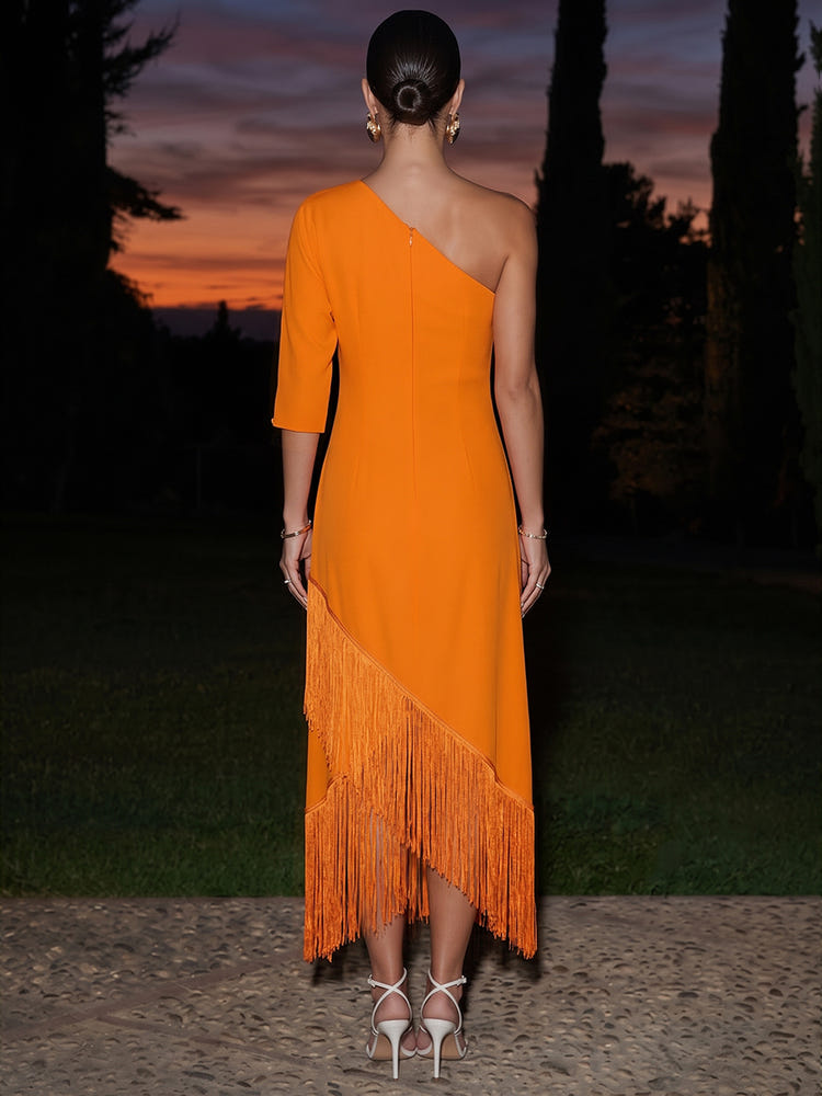 Jersey Sheath Asymmetric Neck Maxi Formal Dresses with Fringes