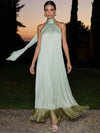 Satin Sheath Halter Maxi Formal Dresses with Flowing Sash
