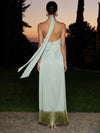 Satin Sheath Halter Maxi Formal Dresses with Flowing Sash
