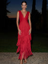 Jersey Sheath V Neck Maxi Formal Dresses with Fringes