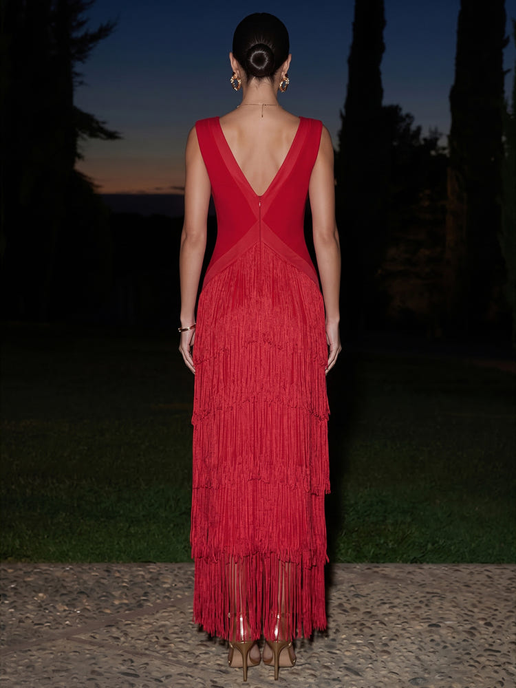 Jersey Sheath V Neck Maxi Formal Dresses with Fringes