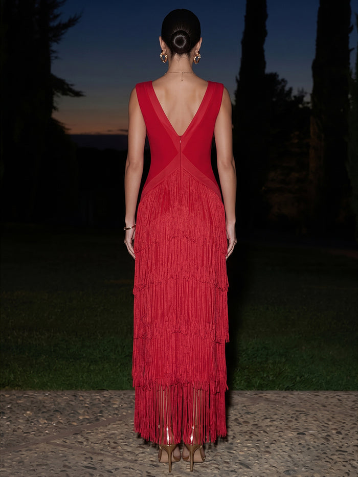 Jersey Sheath V Neck Maxi Formal Dresses with Fringes