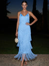Fringes Sheath Spaghetti Straps Maxi Formal Dresses with Tiered