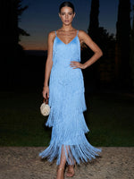 Fringes Sheath Spaghetti Straps Maxi Formal Dresses with Tiered