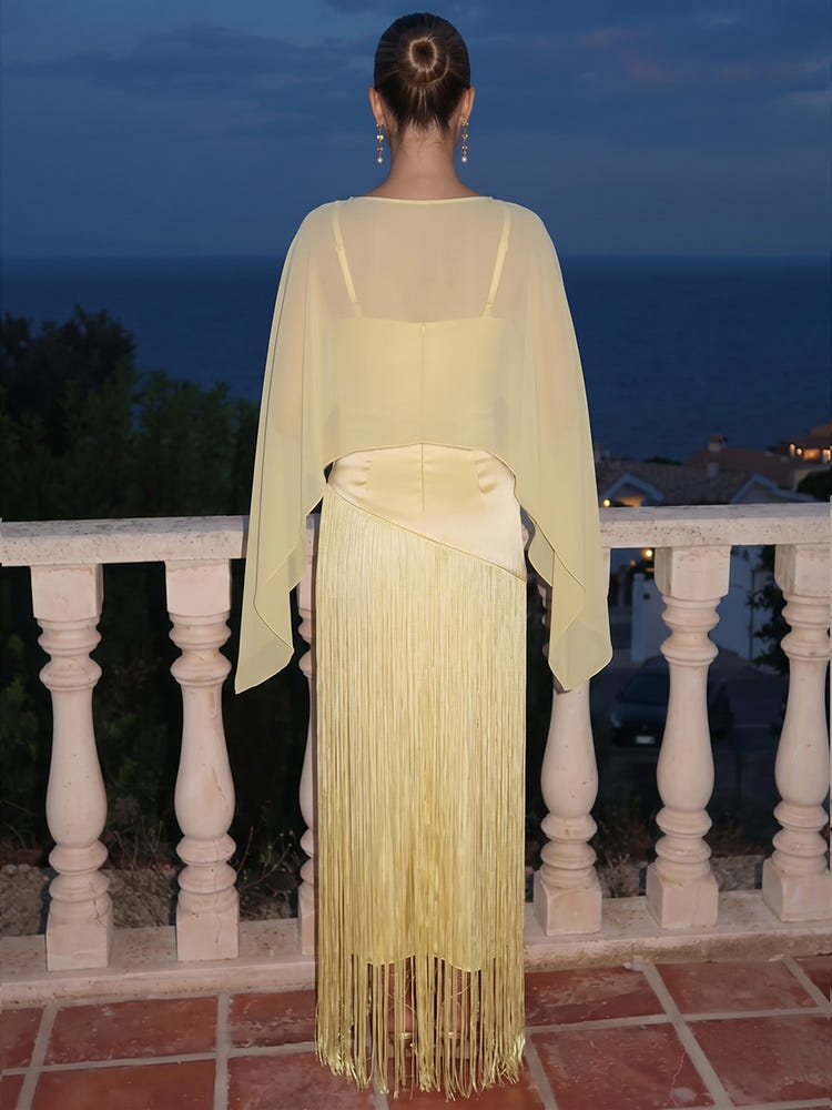 Satin Sheath Spaghetti Straps Maxi Formal Dresses with Sheer Chiffon Flowing Cape