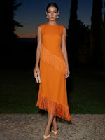 Jersey Sheath Crew Neck Maxi Formal Dresses with Fringes