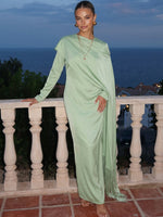 Satin Sheath Asymmetric Neck Maxi Formal Dresses with Caps