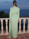 Satin Sheath Asymmetric Neck Maxi Formal Dresses with Caps