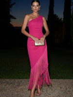 Jersey Sheath One Shoulder Maxi Formal Dresses with Fringes