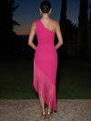 Jersey Sheath One Shoulder Maxi Formal Dresses with Fringes