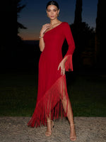 Jersey Sheath One Shoulder Maxi Formal Dresses with Fringes
