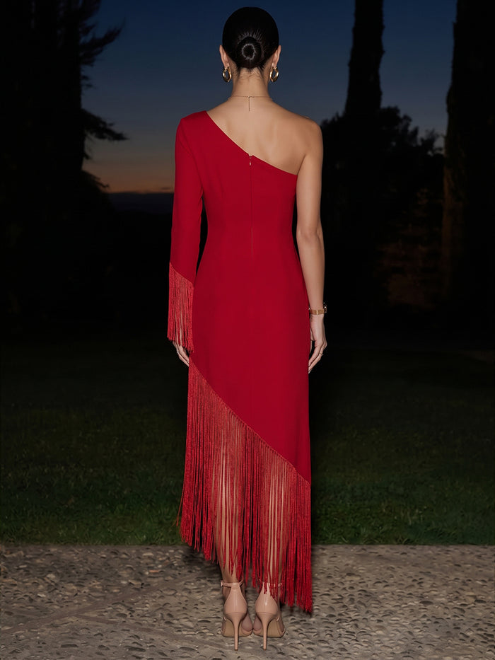 Jersey Sheath One Shoulder Maxi Formal Dresses with Fringes