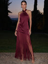 Satin Sheath Criss Cross Halter Maxi Formal Dresses with Fringes