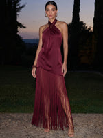Satin Sheath Criss Cross Halter Maxi Formal Dresses with Fringes