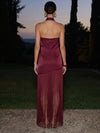 Satin Sheath Criss Cross Halter Maxi Formal Dresses with Fringes