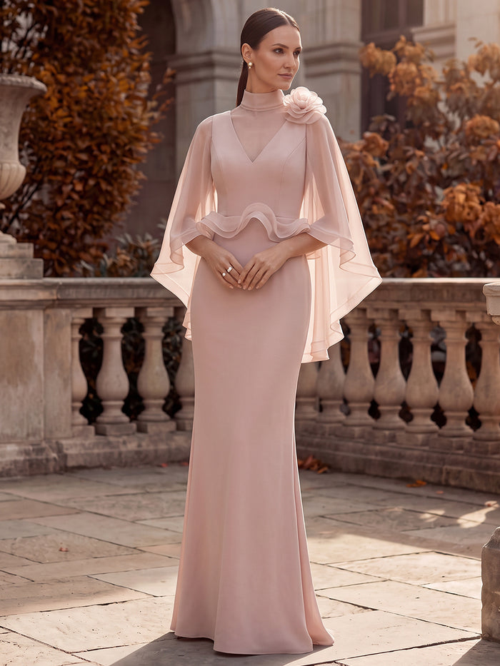 Jersey Mermaid High Neck Maxi Formal Dresses with Sheer Chiffon Flowing Cape