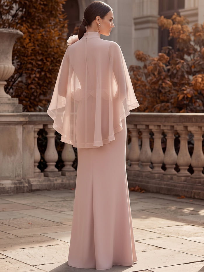 Jersey Mermaid High Neck Maxi Formal Dresses with Sheer Chiffon Flowing Cape