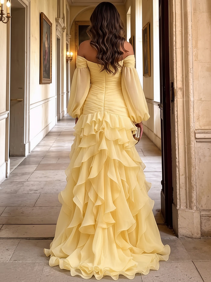 Organza Mermaid Off Shoulder Maxi Formal Dresses with Ruffles