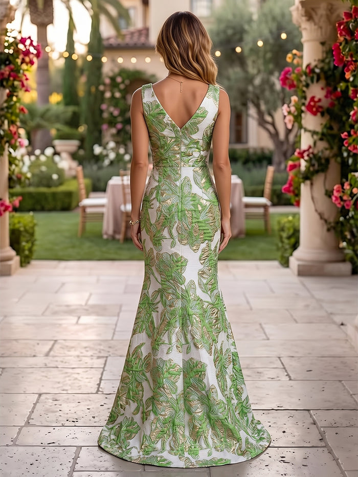 Jacquard Mermaid V Neck Maxi Formal Dresses with 3D Flowers