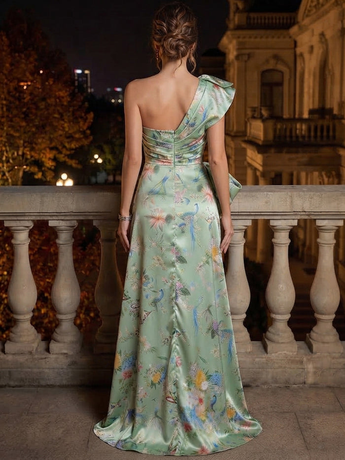 Satin A-Line One Shoulder Maxi Formal Dresses with Ruffles