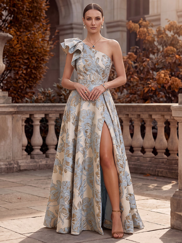 Jacquard A-Line One Shoulder Maxi Formal Dresses with Side Slit