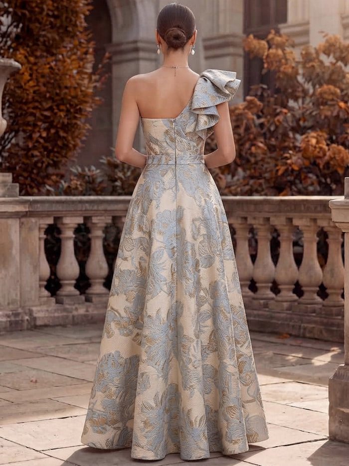 Jacquard A-Line One Shoulder Maxi Formal Dresses with Side Slit
