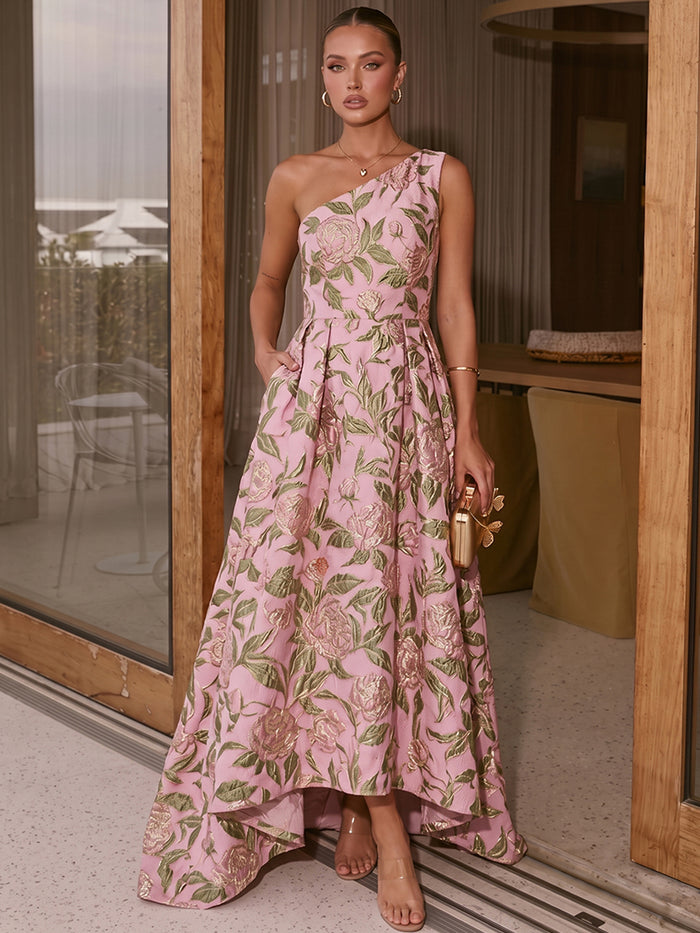 Jacquard A-Line One Shoulder Maxi Formal Dresses with Pleated