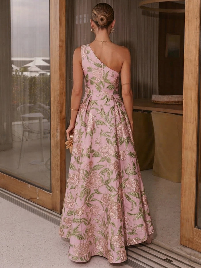 Jacquard A-Line One Shoulder Maxi Formal Dresses with Pleated